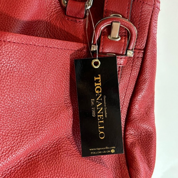 TIGNANELLO Leather Contrastig strip Lining Multiple Pockets Shoulder Bag NEW - Picture 7 of 14